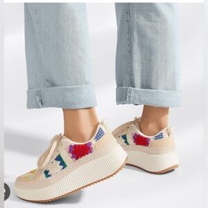Size 8 Lucky Stepl Cream Platform Sneakers with Multicolor Embroidered Accents